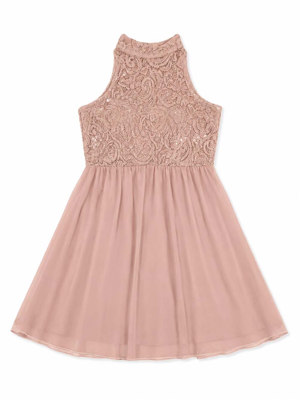 Xtraordinary Sleeveless Sequin Lace Bodice Halter Dress